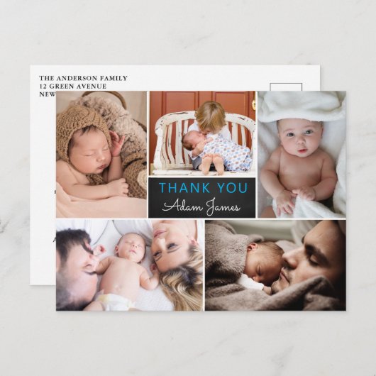 男の子の誕生お知らせ感謝フォトコラージュ ポストカード (正面/裏面)