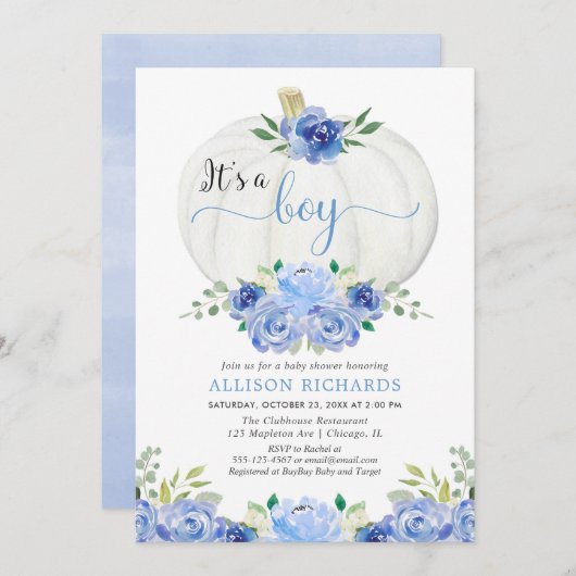 男の子の誕生を祝うパンプキンブルーの花の白いベビーシャワー 招待状 (正面/裏面)