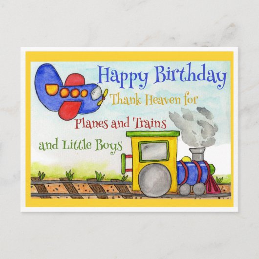 男の子の誕生日に!飛行機と汽車 ポストカード (正面)