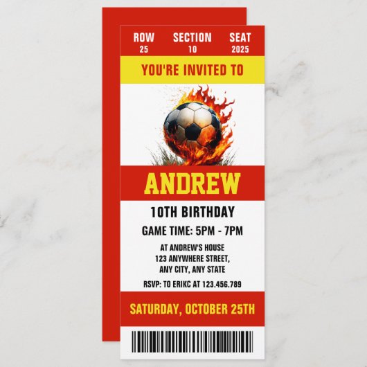 男の子の誕生日のためのパーソナルデジタルサッカーチケット 招待状 (正面/裏面)
