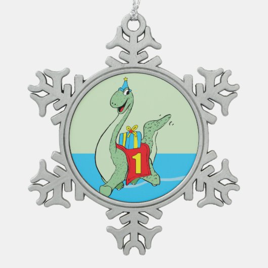 男の子の誕生日の恐竜 スノーフレークピューターオーナメント (正面)