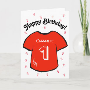 男の子の誕生日の赤いサッカーシャツ カード