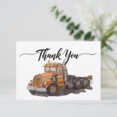 男の子の誕生日パーティオレンジセミトラック サンキューカード (スタンド正面)