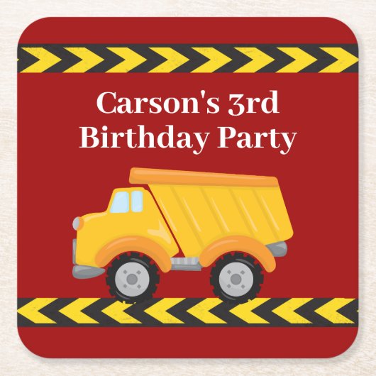 男の子の誕生日パーティカスタムーレッドダンプトラックキッズ スクエアペーパーコースター (正面)