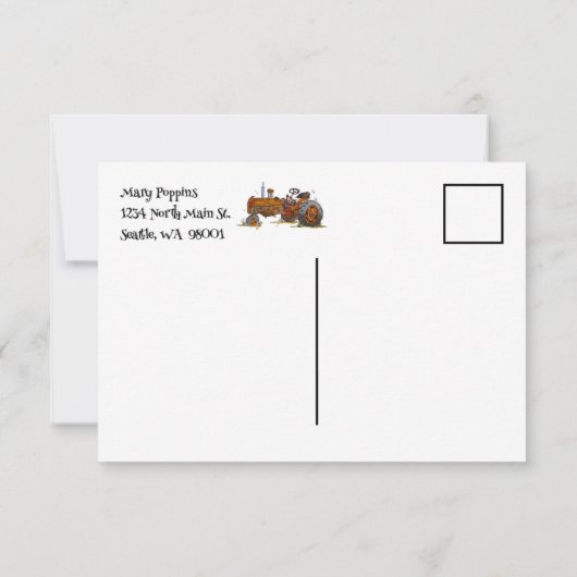 男の子の誕生日パーティーとアンティークトラクターデザイン サンキューカード (裏面)