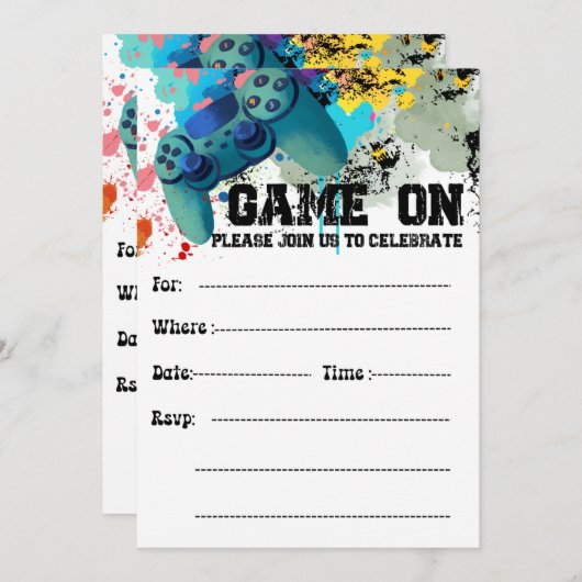 男の子の誕生日パーティーのためのビデオゲーム招待状 招待状 (正面/裏面)