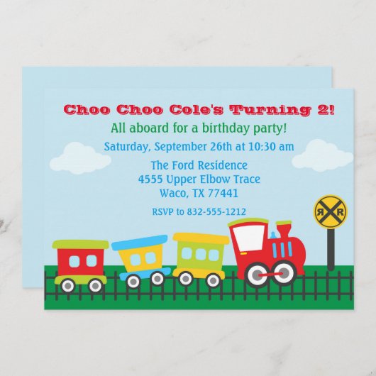 男の子の誕生日パーティーの招待状 – Choo Choo Train 招待状 (正面/裏面)