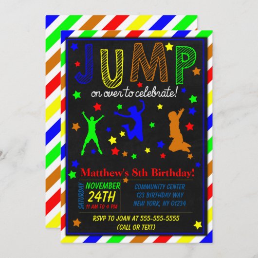 男の子の誕生日パーティーへの招待を飛び越える 招待状 (正面/裏面)