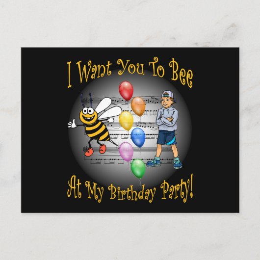男の子の誕生日パーティーへの招待～ビー～バルーン インビテーションポストカード (正面)