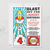 男の子の誕生日パーティーロケット宇宙船ブラストオフ 招待状 (正面)