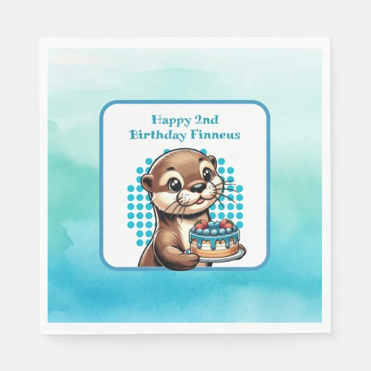 男の子の誕生日パーティーOtterをテーマパーソナライズされた スタンダードランチョンナプキン (正面)