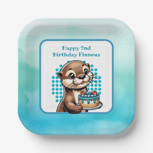 男の子の誕生日パーティーOtterをテーマパーソナライズされた ペーパープレート (正面)