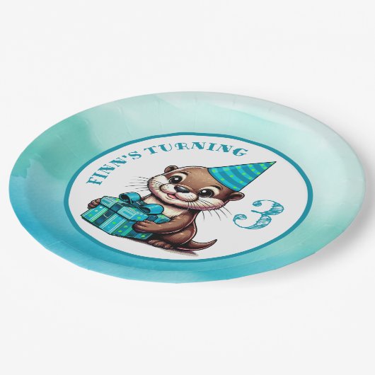 男の子の誕生日パーティーOtterをテーマパーソナライズされた ペーパープレート (アングル)