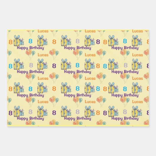 男の子の誕生日名前と年齢のバルーンのギフトを追加 ラッピングペーパーシート (正面3)