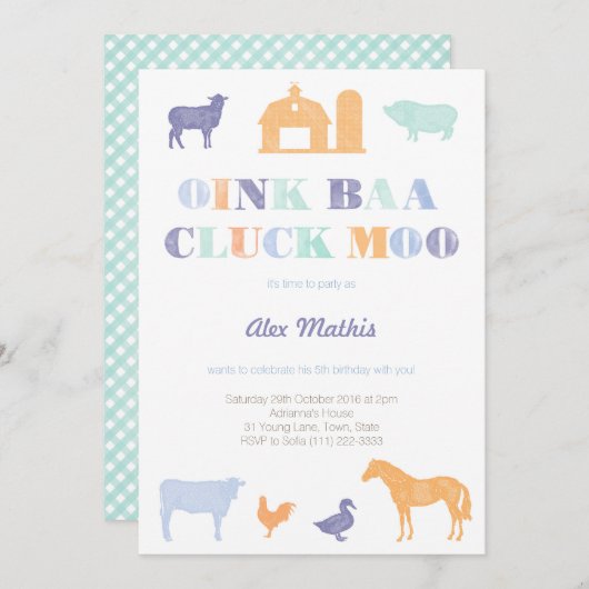 男の子の誕生日招待状、ファームパーティー、ペット動物園 招待状 (正面/裏面)