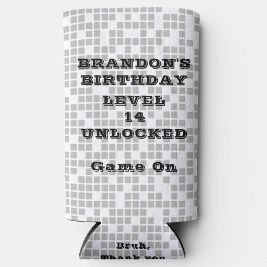 男の子の誕生日10代のパーティーのビデオゲームでBRUH スリム缶クーラー (正面)