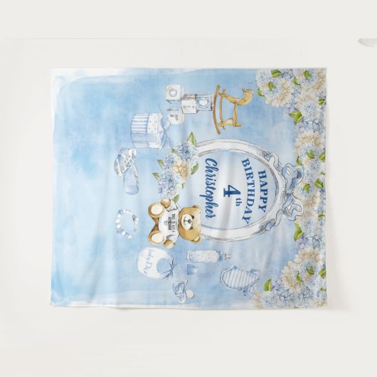 男の子の誕生日 ブルーフラワー テディベア 背景 タペストリー (正面(横))