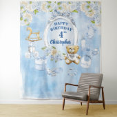 男の子の誕生日 ブルーフラワー テディベア 背景 タペストリー (インサイチュ)