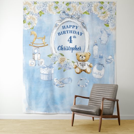 男の子の誕生日 ブルーフラワー テディベア 背景 タペストリー (インサイチュ)