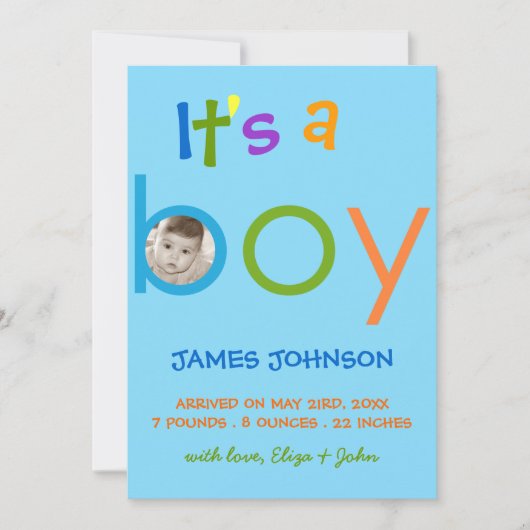 男の子の誕生発表の写真カードだ 案内状 (正面)