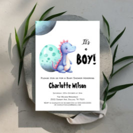 男の子の誕生 かわいい水彩恐竜ベイビーシャワー 招待状