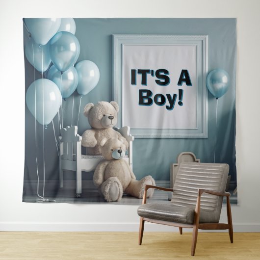 男の子の誕生 テディベアと風船の背景 タペストリー (インサイチュ(横))
