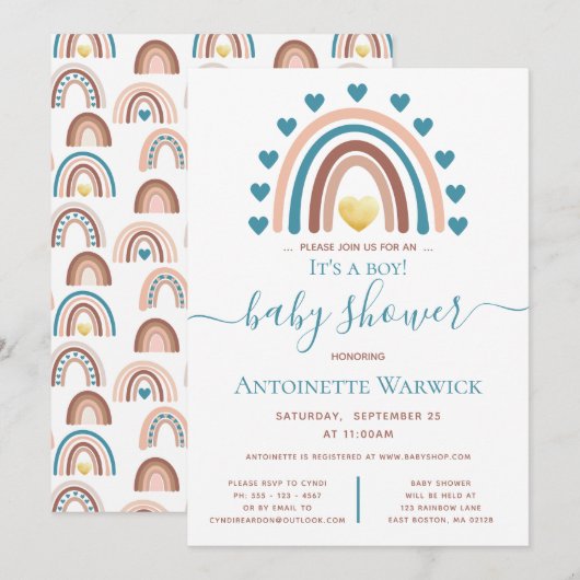 男の子の誕生！ボーホーレインボーベイビーシャワーパーティー 招待状 (正面/裏面)