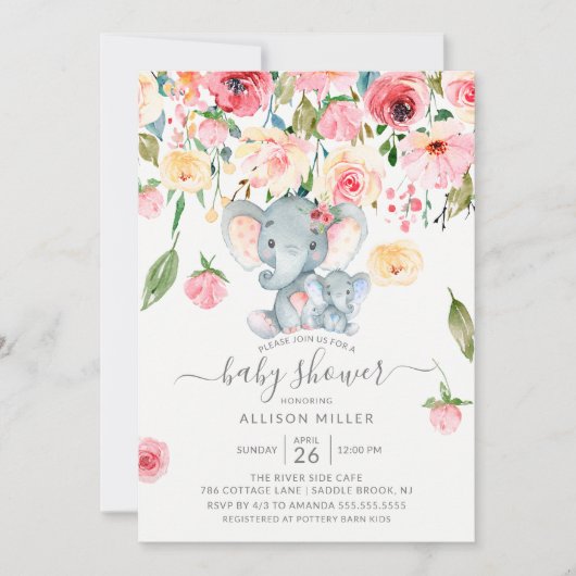 男の子の象と母ピンクの牡丹の赤ちゃんシャワー 招待状 (正面)