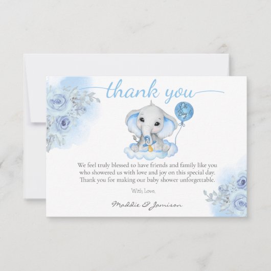 男の子の象の水の色のフローラ赤ちゃんシャワー サンキューカード (正面)
