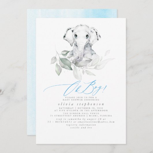 男の子の象の水の色の緑の赤ちゃんシャワー 招待状 (正面/裏面)