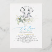 男の子の象の水の色の緑の赤ちゃんシャワー 箔招待状 (正面)