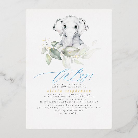 男の子の象の水の色の緑の赤ちゃんシャワー 箔招待状 (正面)