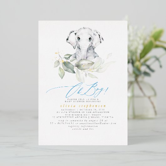 男の子の象の水の色の緑の赤ちゃんシャワー 箔招待状 (立ち正面)