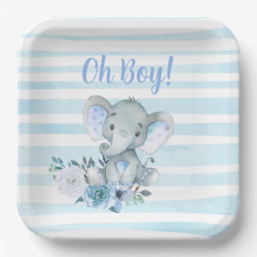 男の子の象の水の色ベビーシャワープレート ペーパープレート (正面)
