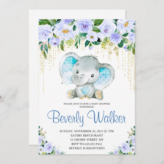 男の子の象の水の色ベビーシャワー 招待状 (正面/裏面)