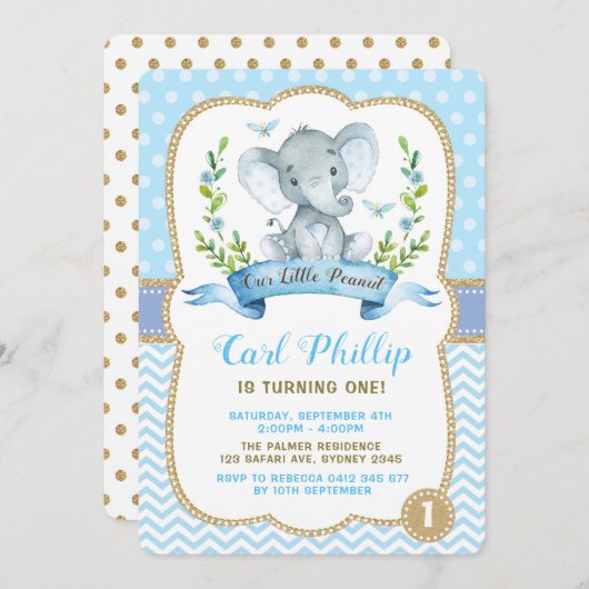 男の子の象の誕生日パーティー 青と金の招待状 招待状 (正面/裏面)