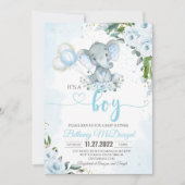 男の子の象の青い風船です。 招待状 (正面)