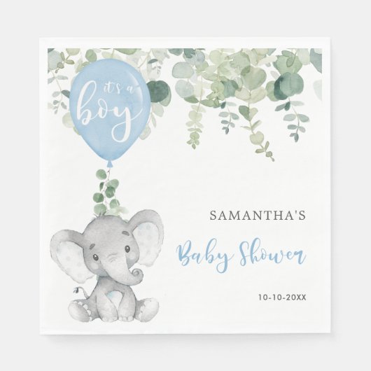 男の子の象の風船の赤ん坊シャワー緑 スタンダードランチョンナプキン (正面)
