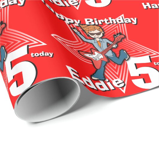 男の子の赤あなたの年齢と名前のロックスターラップを追加 ラッピングペーパー (ロールコーナー)