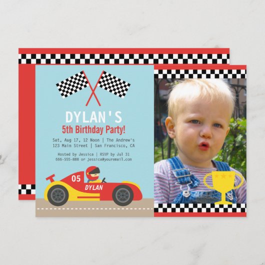 男の子の赤いレースカーの誕生会の写真の招待状 招待状 (正面/裏面)