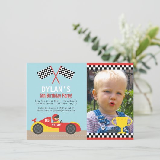 男の子の赤いレースカーの誕生会の写真の招待状 招待状 (スタンド正面)