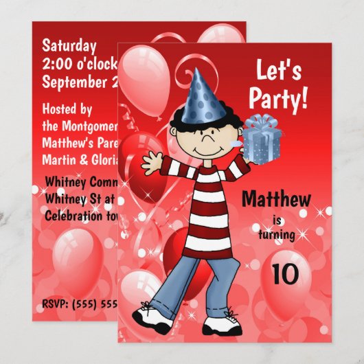 男の子の赤い年齢別誕生日パーティー 招待状 (正面/裏面)