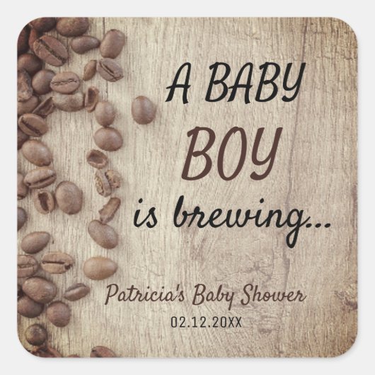 男の子の赤ちゃんがコーヒーをブレンド中！ ウッドコーヒー ベイビーシャワー スクエアシール (正面)