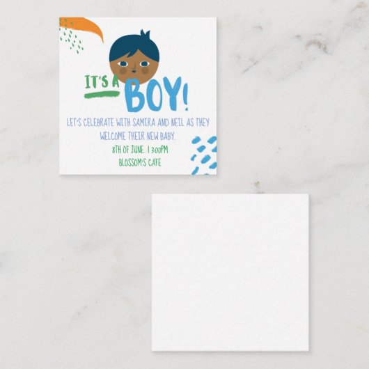 男の子の赤ちゃんのシャワーの性別が明らかになる エンクロージャーカード (正面/裏面)