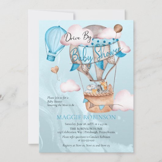男の子の赤ちゃんシャワーでドライブするサファリの動物のバルーン 招待状 (正面)