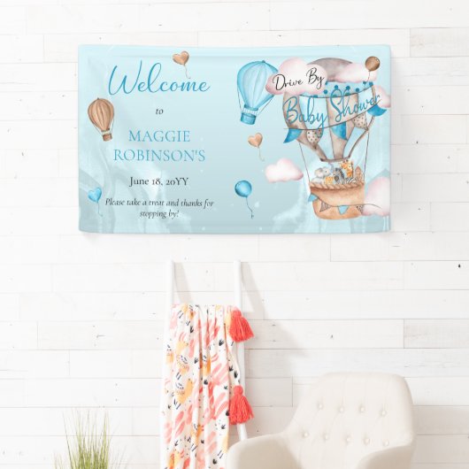 男の子の赤ちゃんシャワーでドライブするサファリの動物のバルーン 横断幕 (インサイチュ)