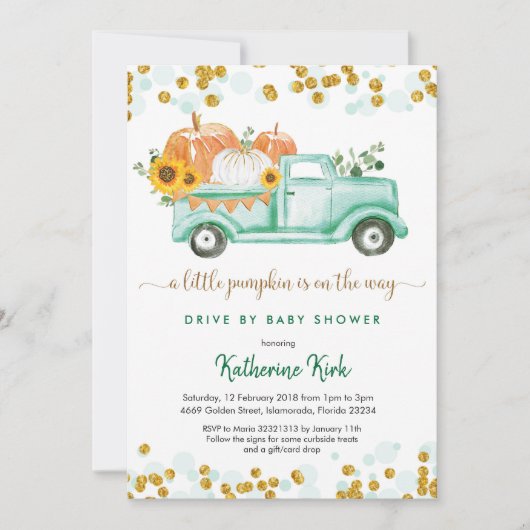 男の子の赤ちゃんシャワーで小さなカボチャをドライブ 招待状 (正面)