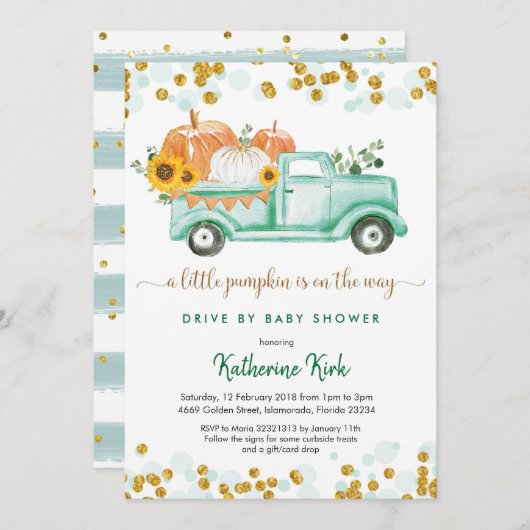 男の子の赤ちゃんシャワーで小さなカボチャをドライブ 招待状 (正面/裏面)