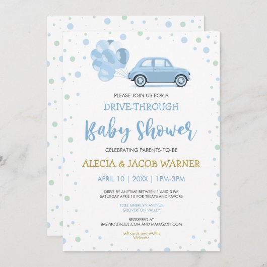 男の子の赤ちゃんシャワーで青い車の風船をドライブ 招待状 (正面/裏面)