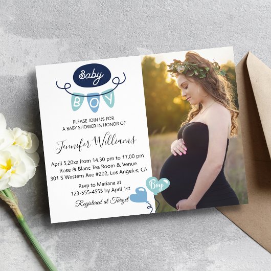 男の子の赤ちゃんシャワーのミニマリスト写真の招待状 チラシ